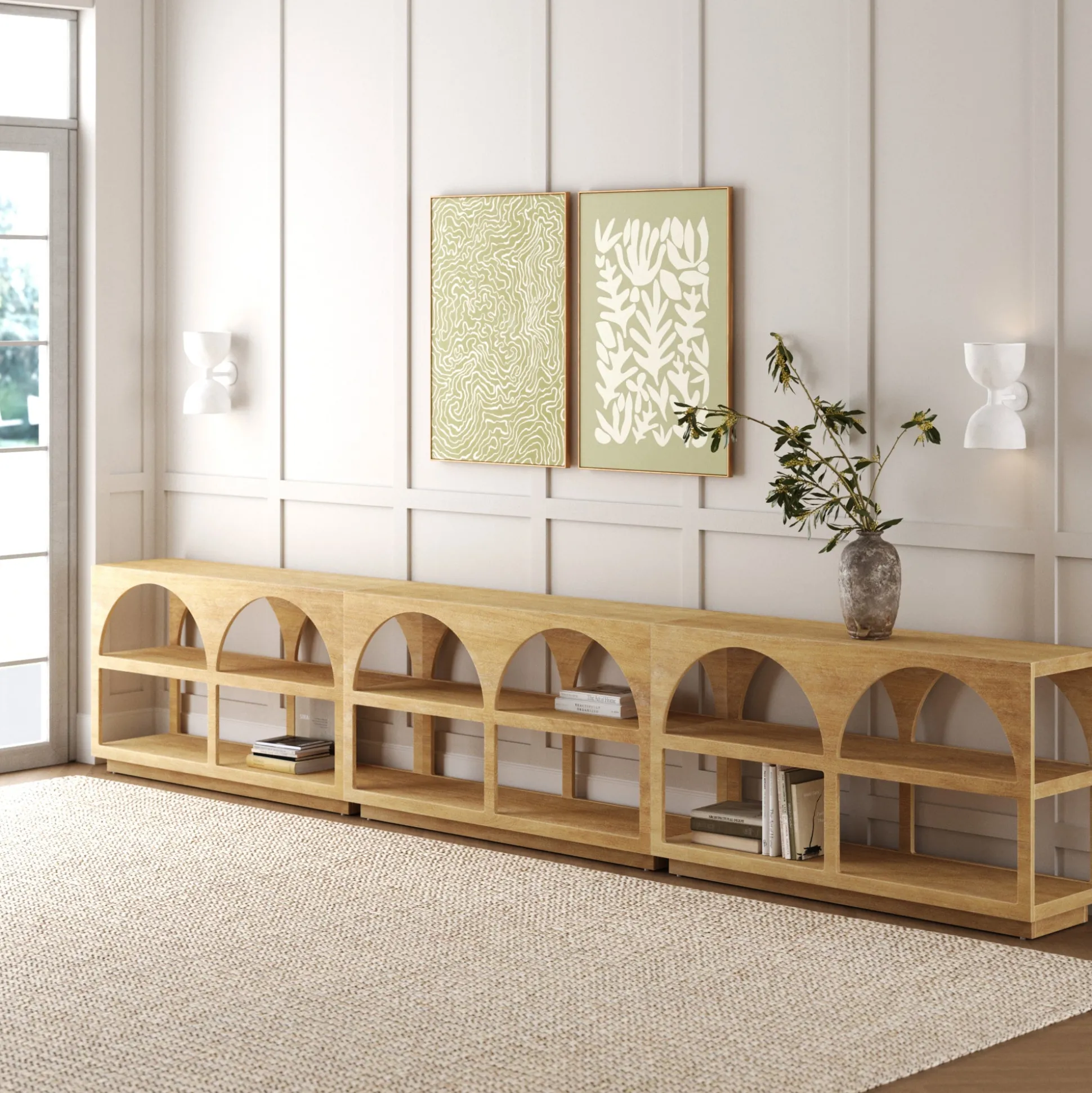 Organic Modern Wood Arched Open Shelf Storage Cabinet Light Brown (Set of 3)