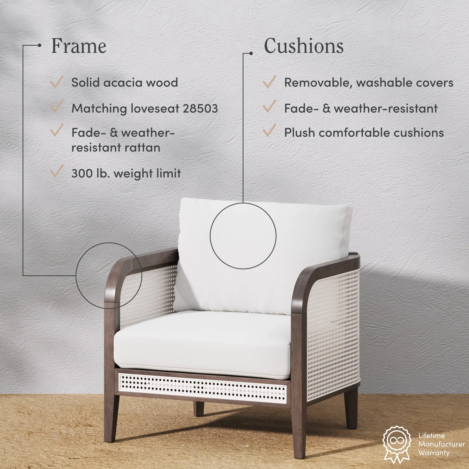Outdoor Wood & Rattan Patio Arm Chair Graphite