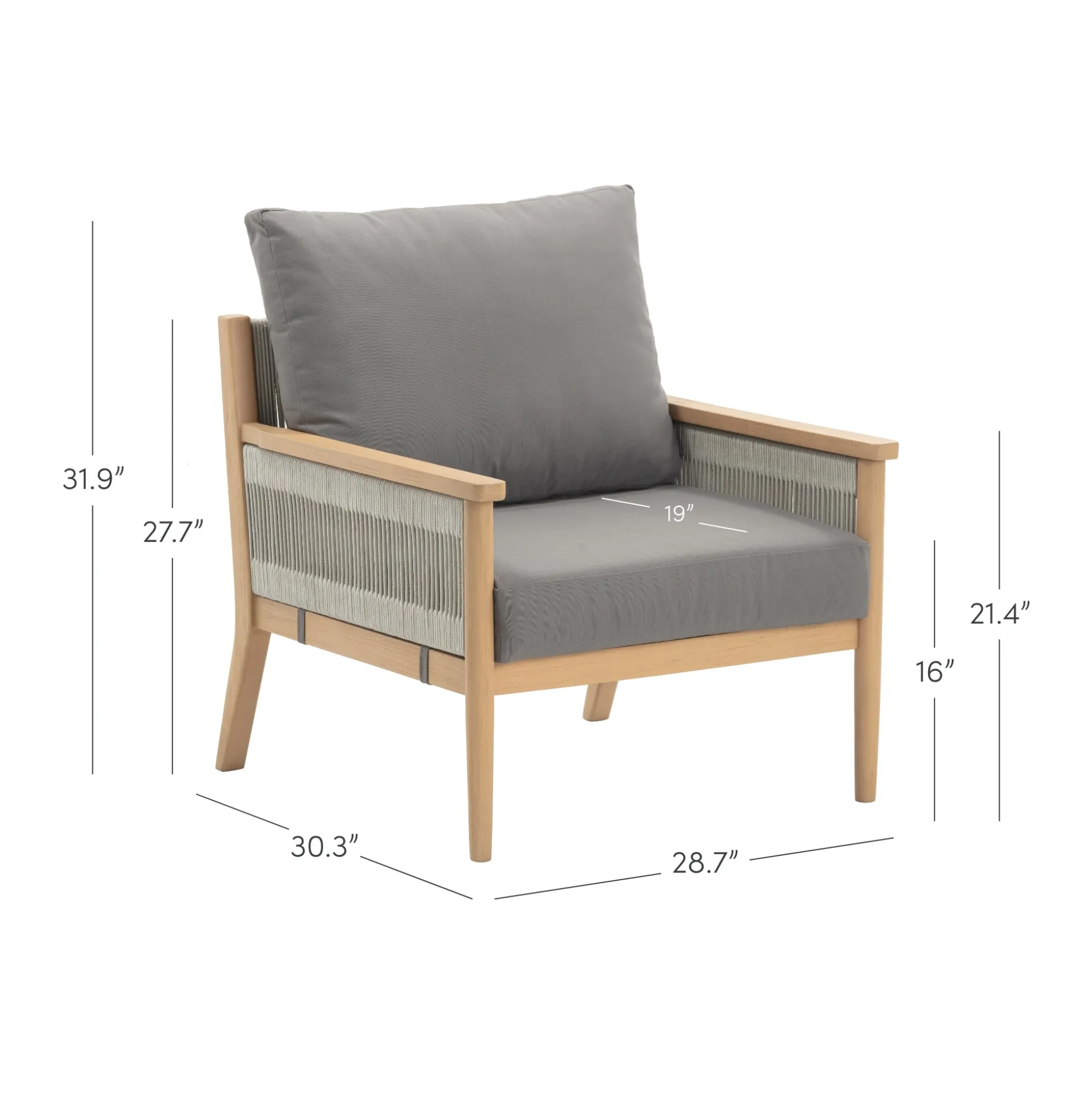 Outdoor Wood & Rope Patio Arm Chairs Medium Gray (Set of 2)