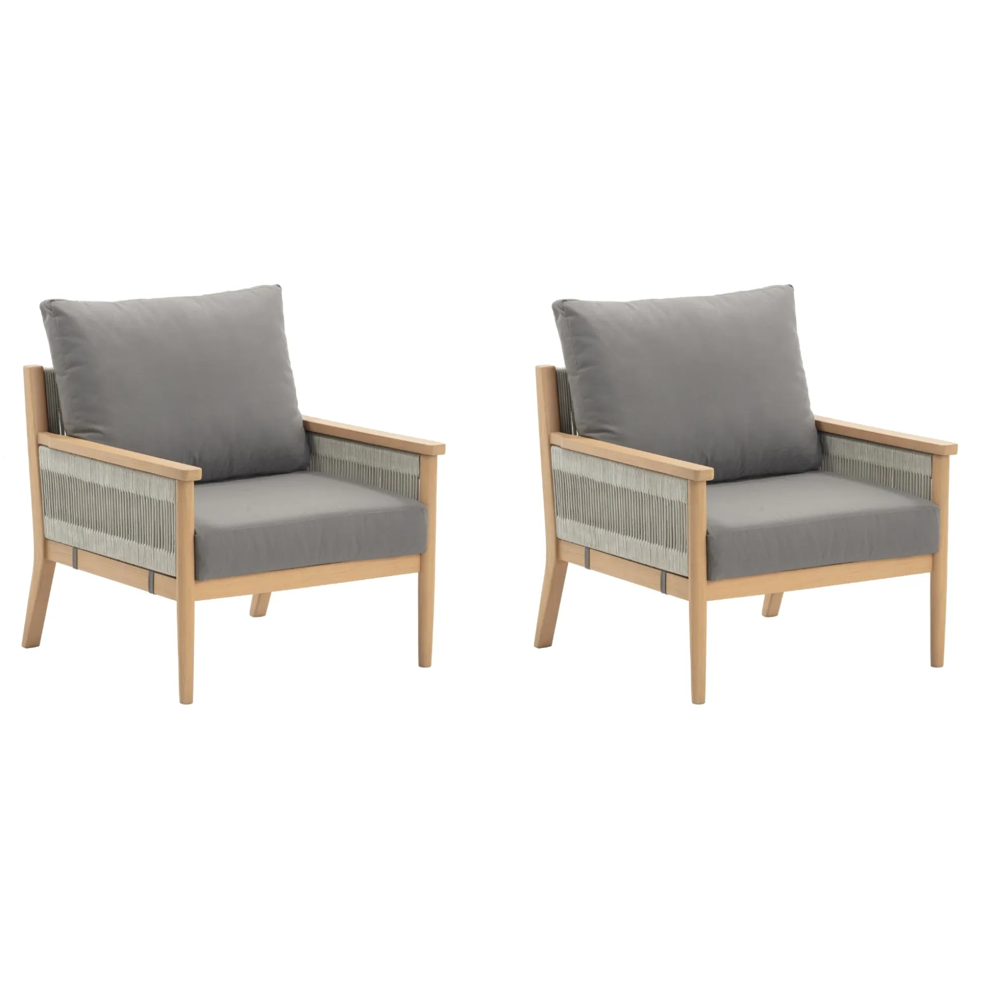 Outdoor Wood & Rope Patio Arm Chairs Medium Gray (Set of 2)