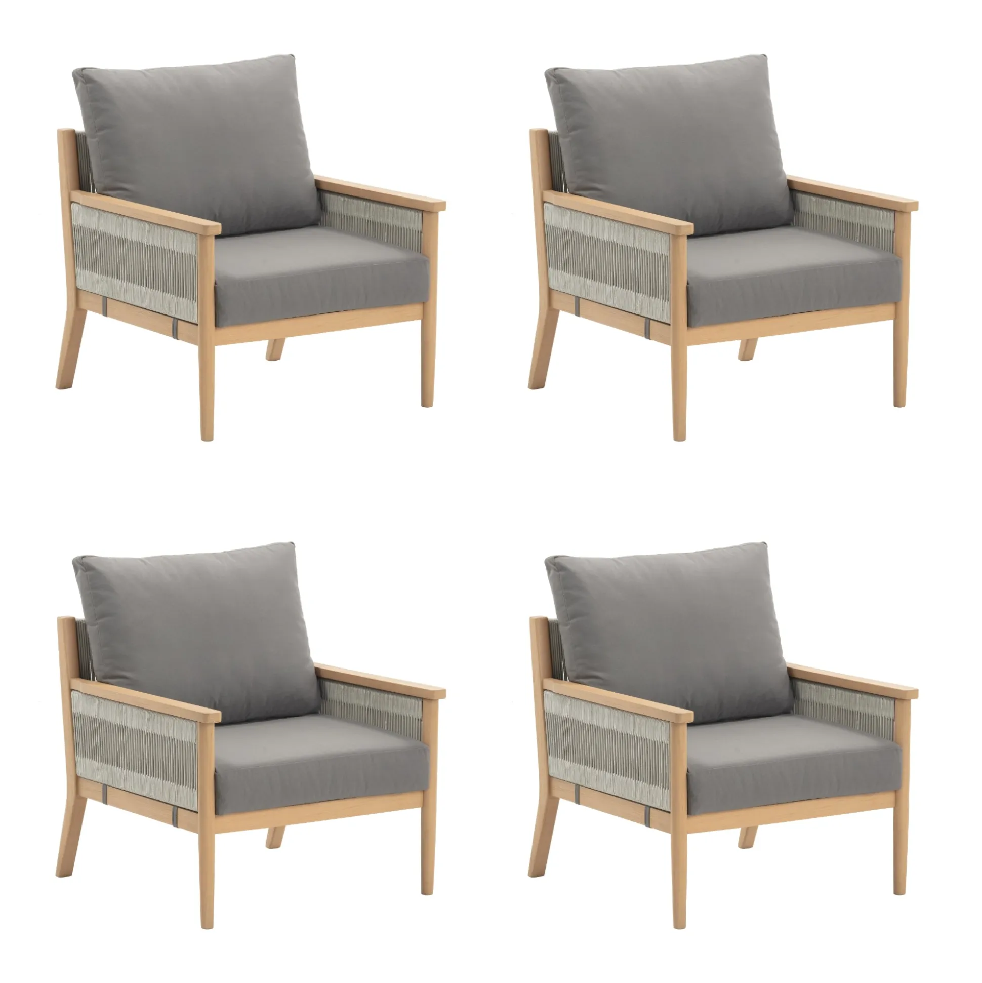 Outdoor Wood & Rope Patio Arm Chairs Medium Gray (Set of 4)