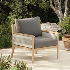 Outdoor Wood & Rope Patio Arm Chairs Medium Gray (Set of 4)