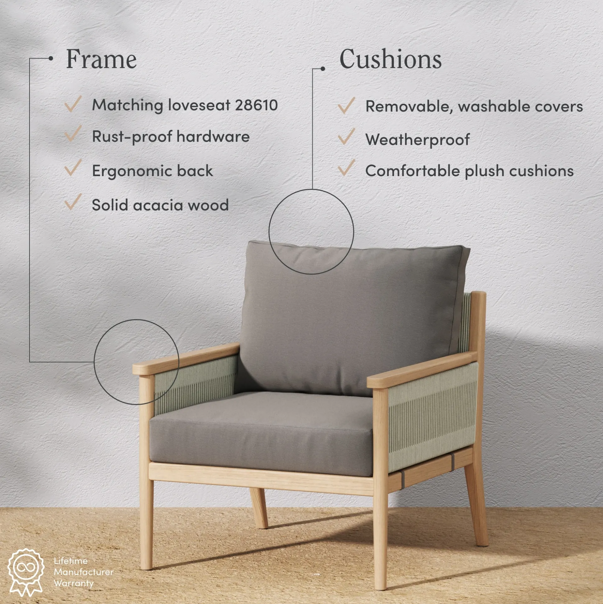 Outdoor Wood & Rope Patio Arm Chairs Medium Gray (Set of 4)
