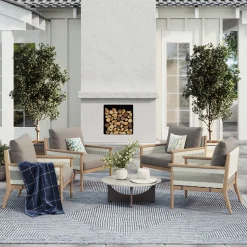 Outdoor Wood & Rope Patio Arm Chairs Medium Gray (Set of 4)