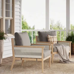 Outdoor Wood & Rope Patio Arm Chairs Medium Gray (Set of 4)