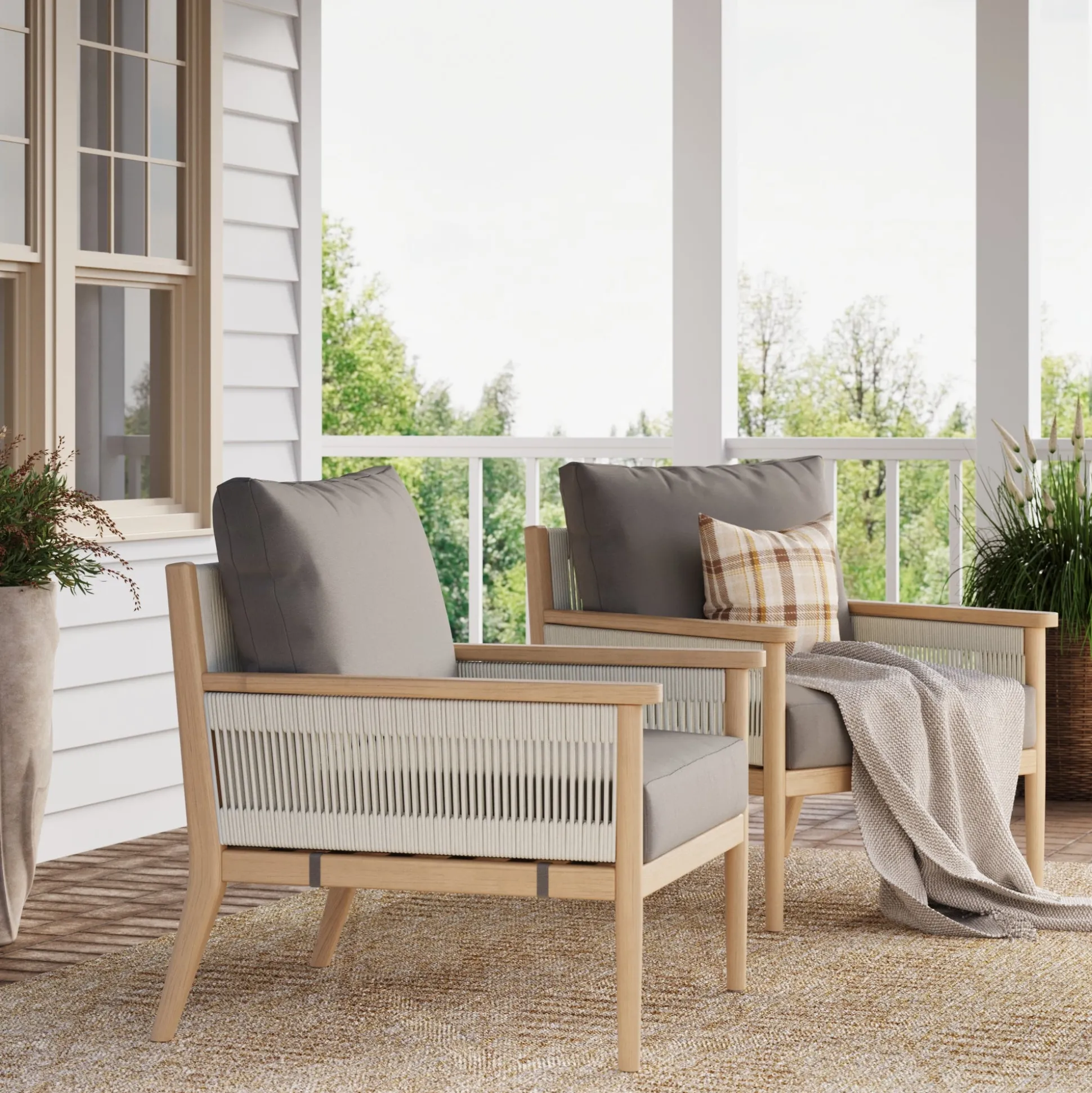 Outdoor Wood & Rope Patio Arm Chairs Medium Gray (Set of 4)