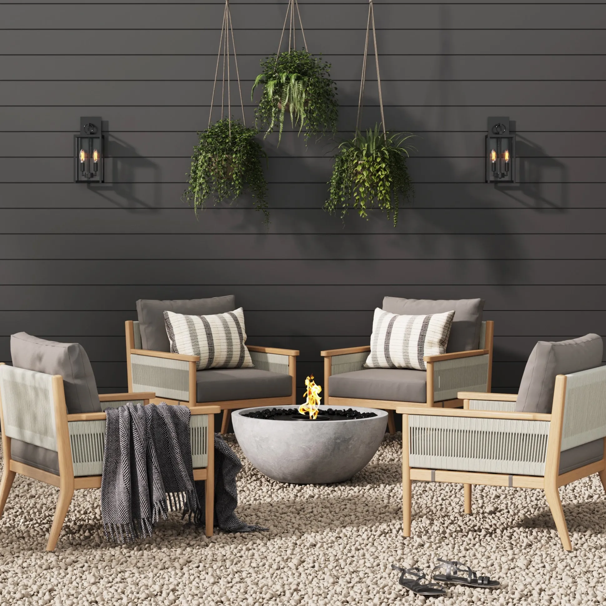 Outdoor Wood & Rope Patio Arm Chairs Medium Gray (Set of 4)
