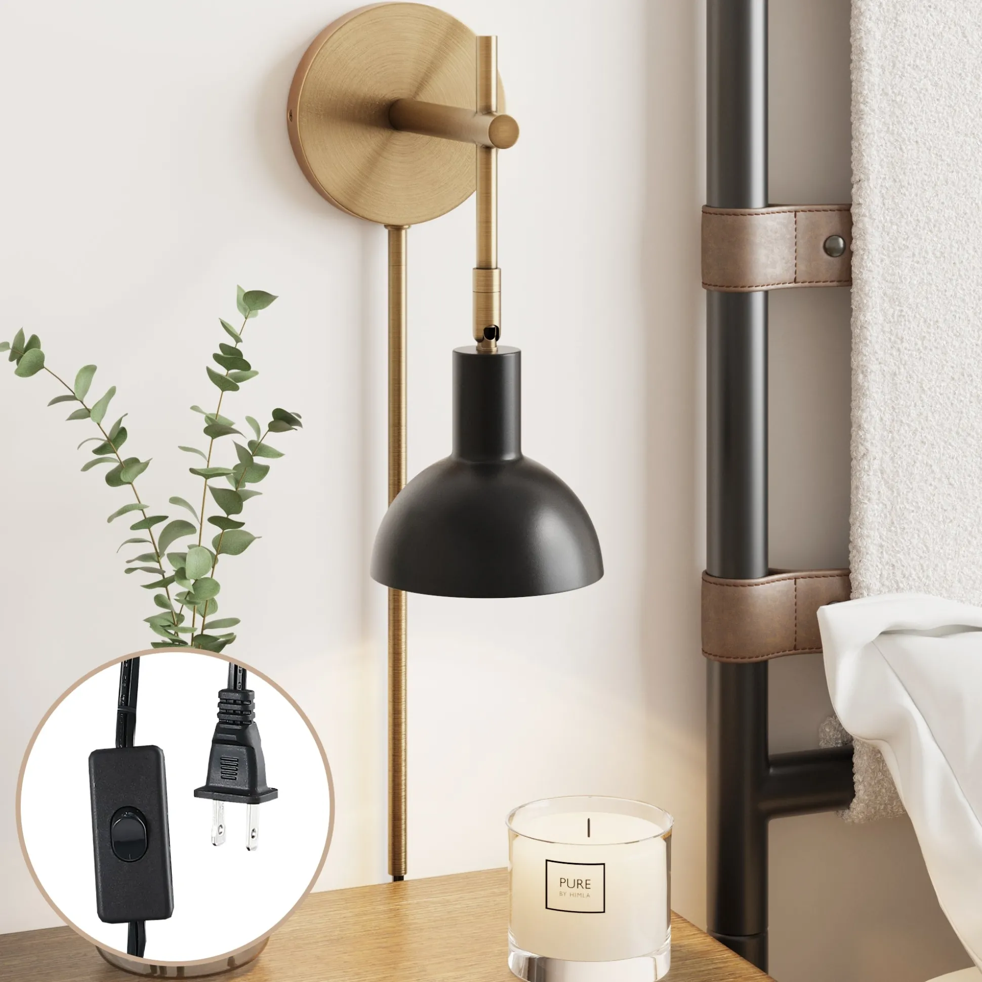Plug-In Adjustable Metal Wall Light Black Brass