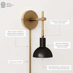 Plug-In Adjustable Metal Wall Light Black Brass