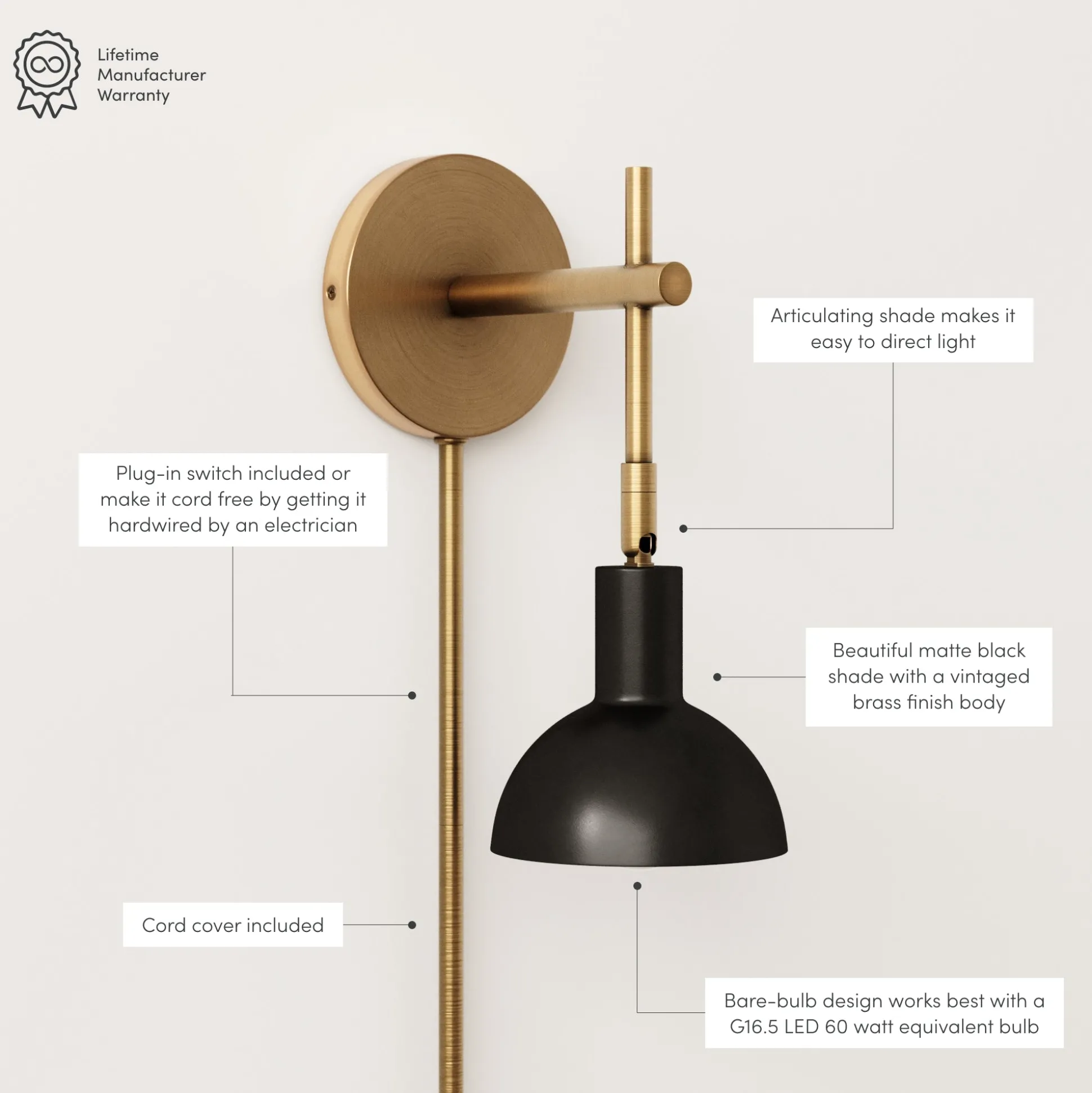 Plug-In Adjustable Metal Wall Light Black Brass