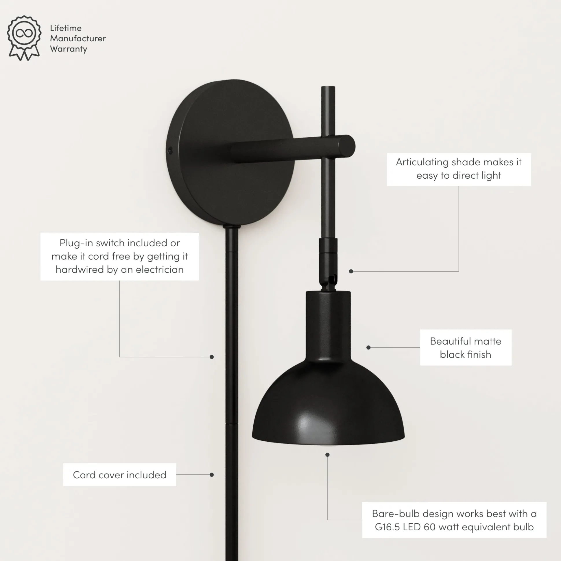 Plug-In Adjustable Metal Wall Light Black
