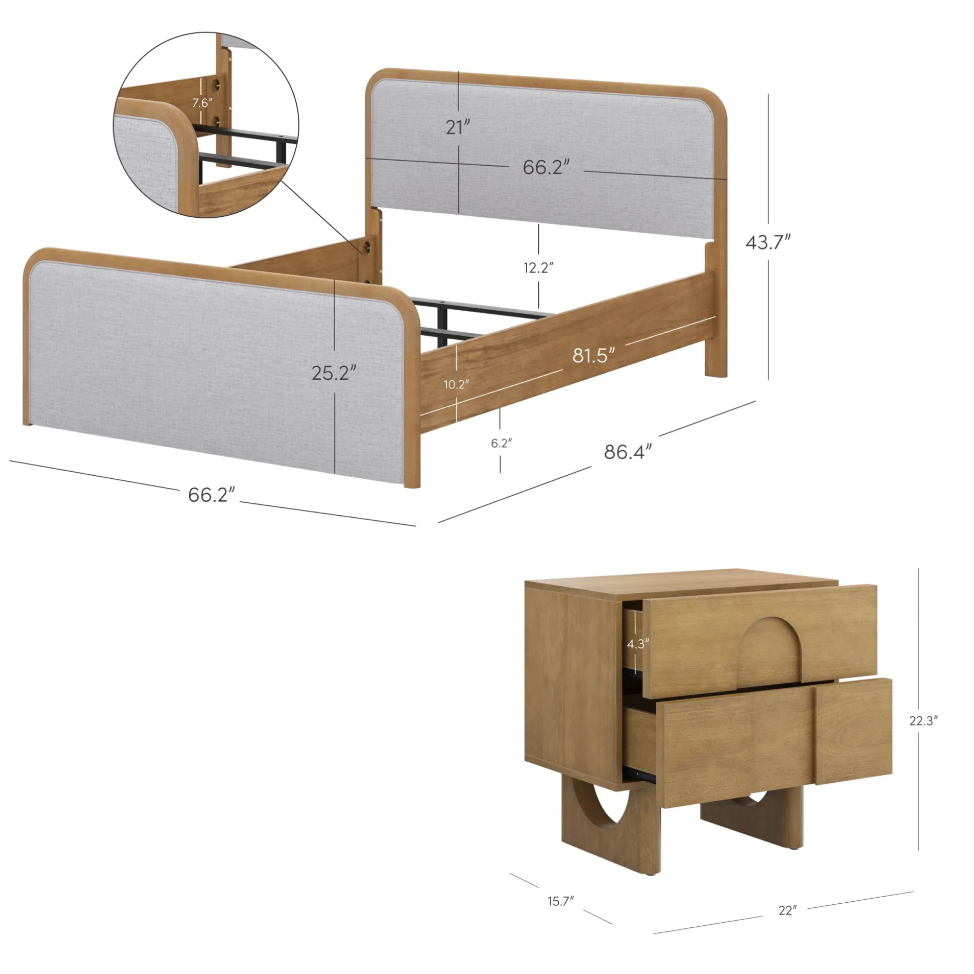Queen Bedroom Set with 2 Nightstands Gray/Light Brown