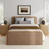 Queen Rounded Faux Leather Bed Frame with 2 Fluted Nightstands with Storage Light Brown