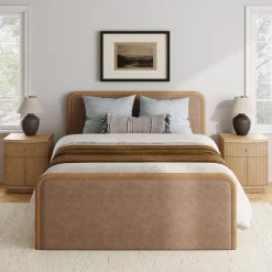 Queen Rounded Faux Leather Bed Frame with 2 Fluted Nightstands with Storage Light Brown