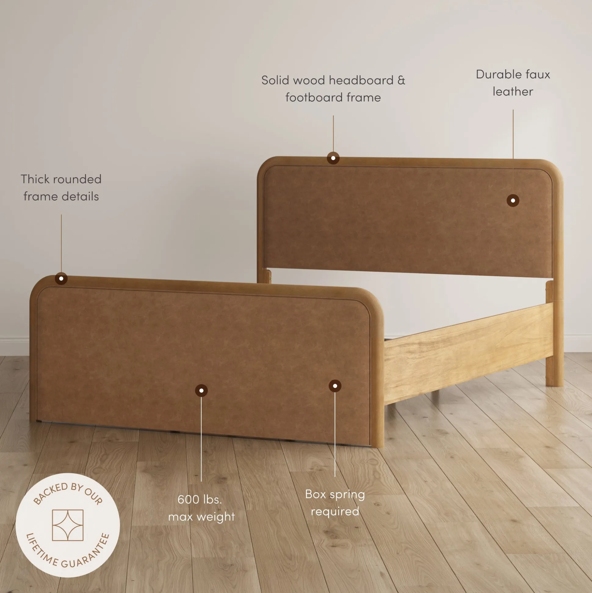 Queen Rounded Faux Leather Bed Frame with 2 Fluted Nightstands with Storage Light Brown