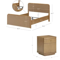 Queen Rounded Faux Leather Bed Frame with 2 Fluted Nightstands with Storage Light Brown
