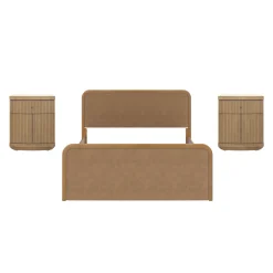Queen Rounded Faux Leather Bed Frame with 2 Fluted Nightstands with Storage Light Brown