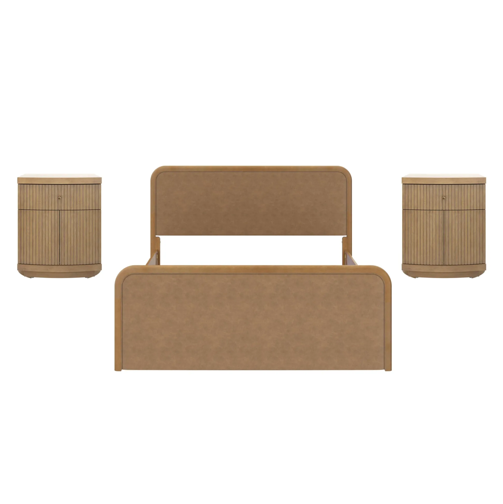 Queen Rounded Faux Leather Bed Frame with 2 Fluted Nightstands with Storage Light Brown