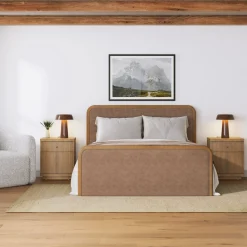 Queen Rounded Faux Leather Bed Frame with 2 Fluted Nightstands with Storage Light Brown