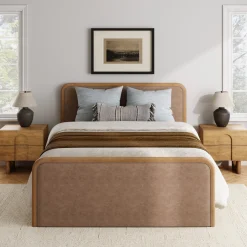 Queen Rounded Faux Leather Bed Frame with 2 Nightstands Light Brown