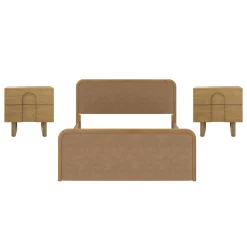 Queen Rounded Faux Leather Bed Frame with 2 Nightstands Light Brown