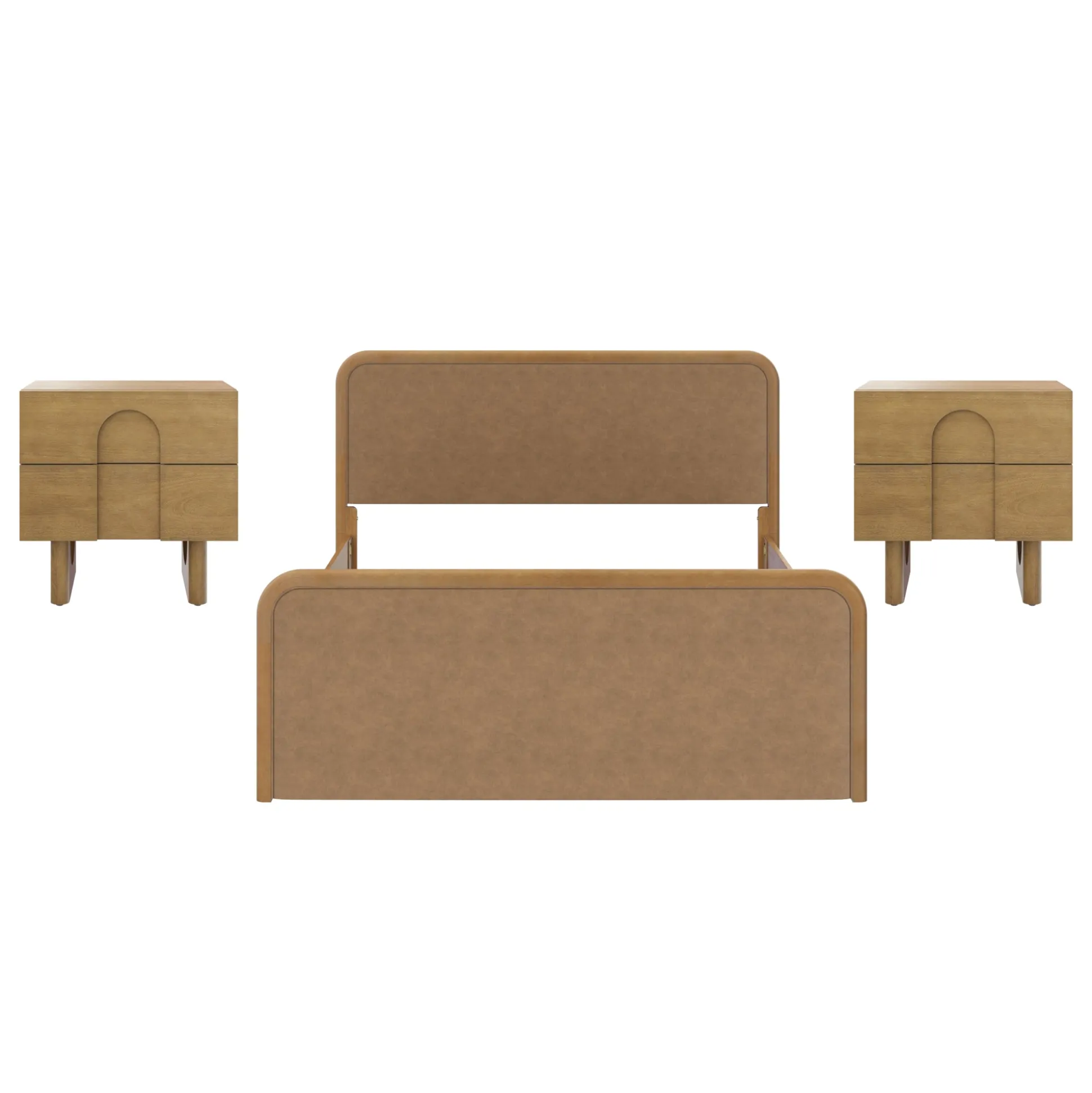 Queen Rounded Faux Leather Bed Frame with 2 Nightstands Light Brown