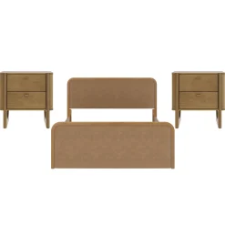 Queen Rounded Faux Leather Bed Frame with 2 Nightstands Light Brown