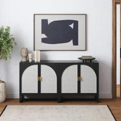 Rattan Arched Storage Cabinet Credenza Black (Set of 2)