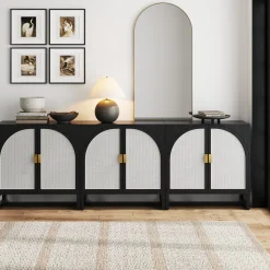 Rattan Arched Storage Cabinet Credenza Black (Set of 3)