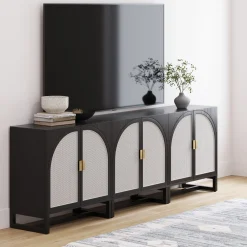 Rattan Arched Storage Cabinet Credenza Black (Set of 3)