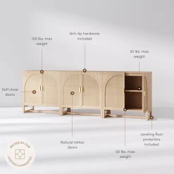 Rattan Arched TV Console Stand for TVs up to 75" Raw Oak