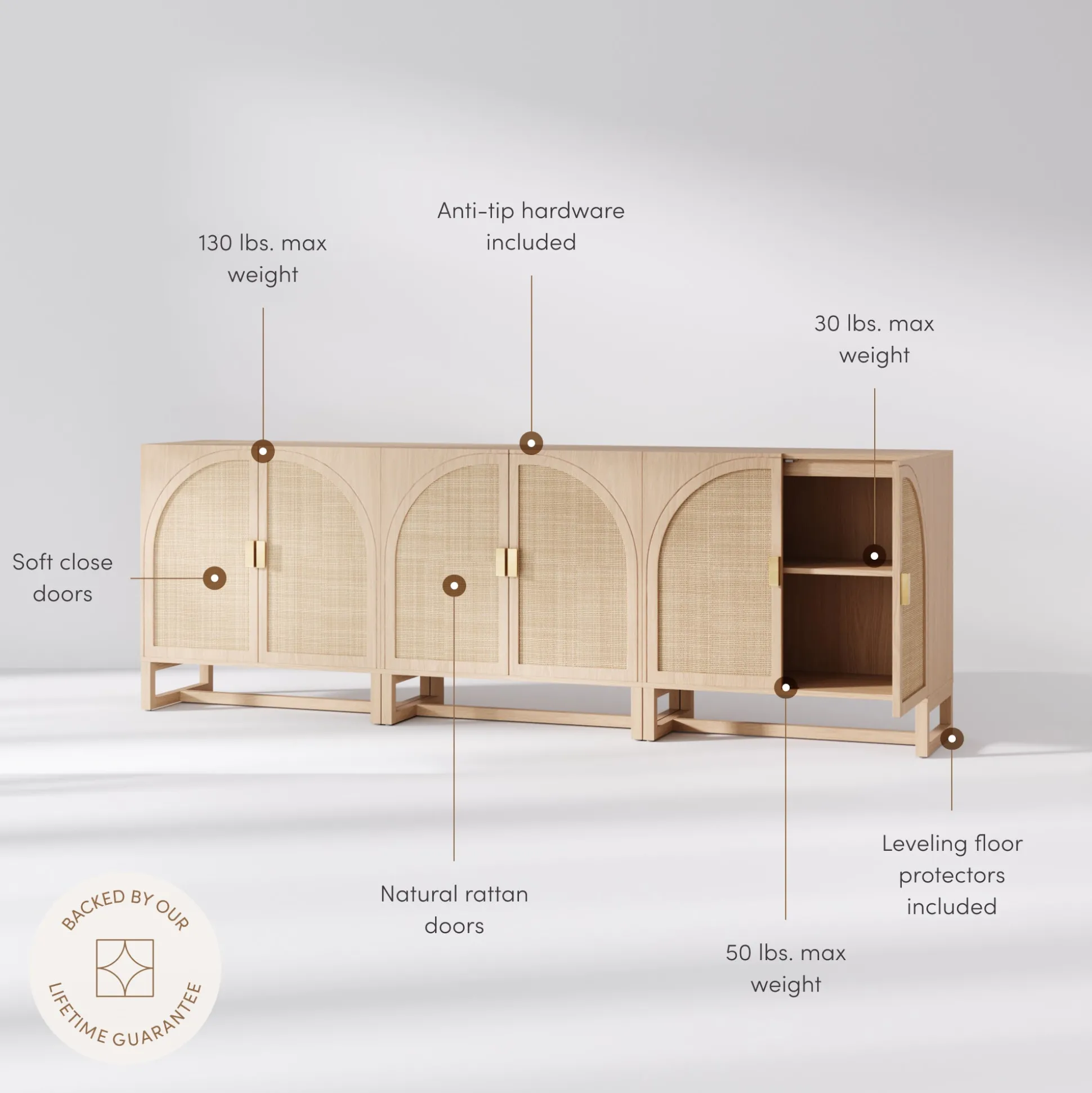 Rattan Arched TV Console Stand for TVs up to 75" Raw Oak