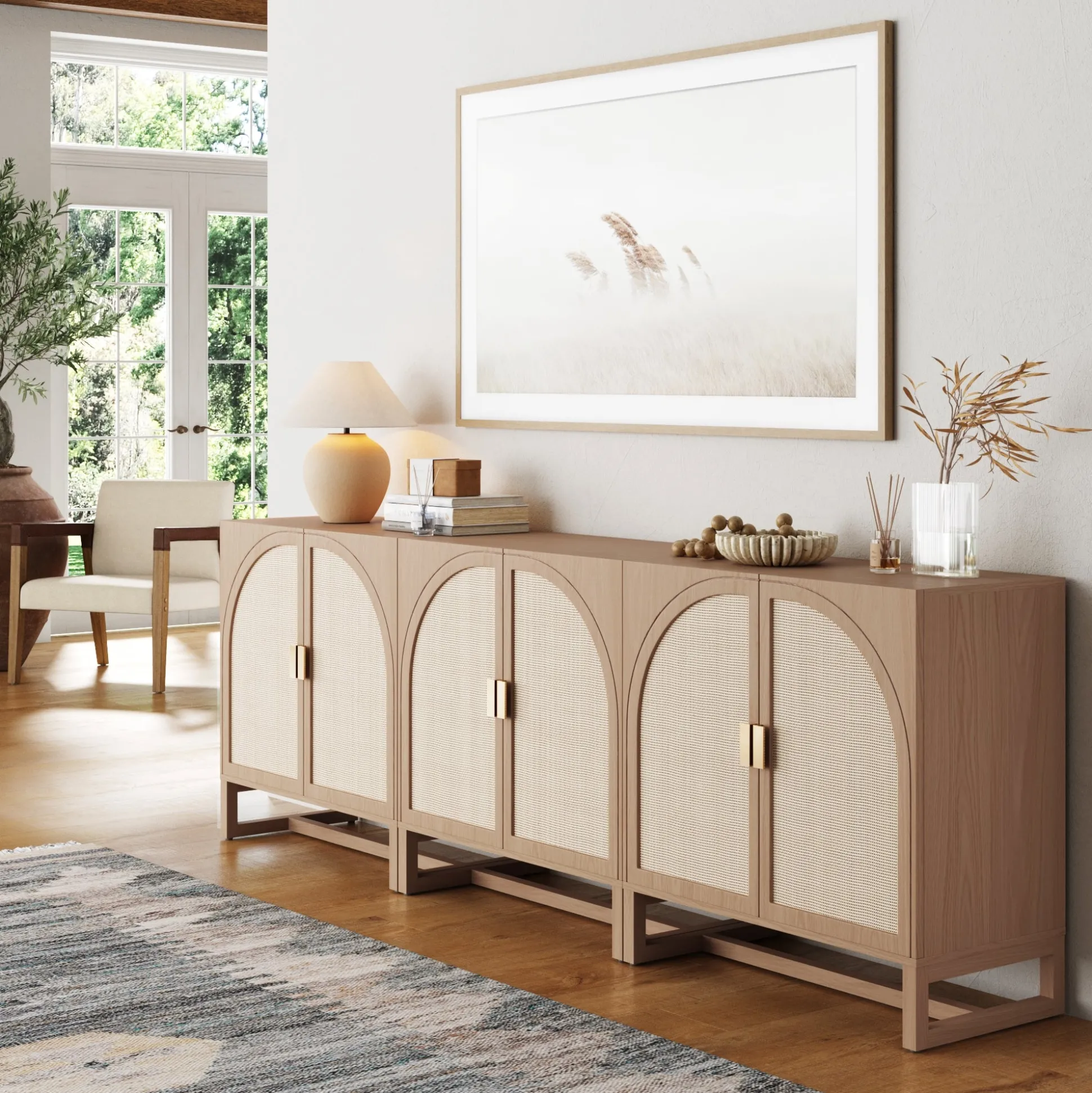 Rattan Arched TV Console Stand for TVs up to 75" Raw Oak