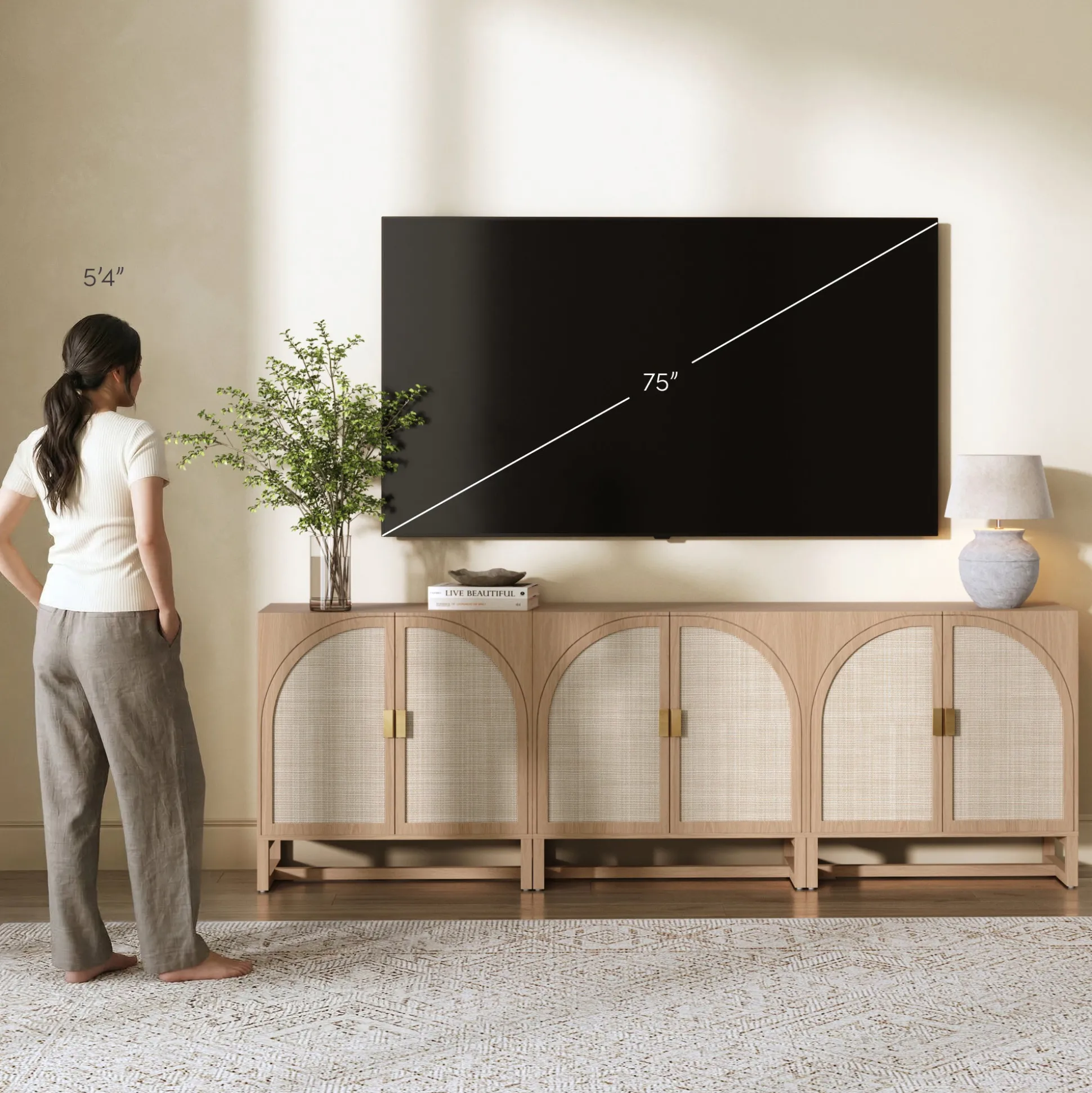 Rattan Arched TV Console Stand for TVs up to 75" Raw Oak