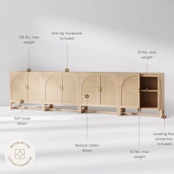 Rattan Arched TV Console Stand for TVs up to 100" Raw Oak