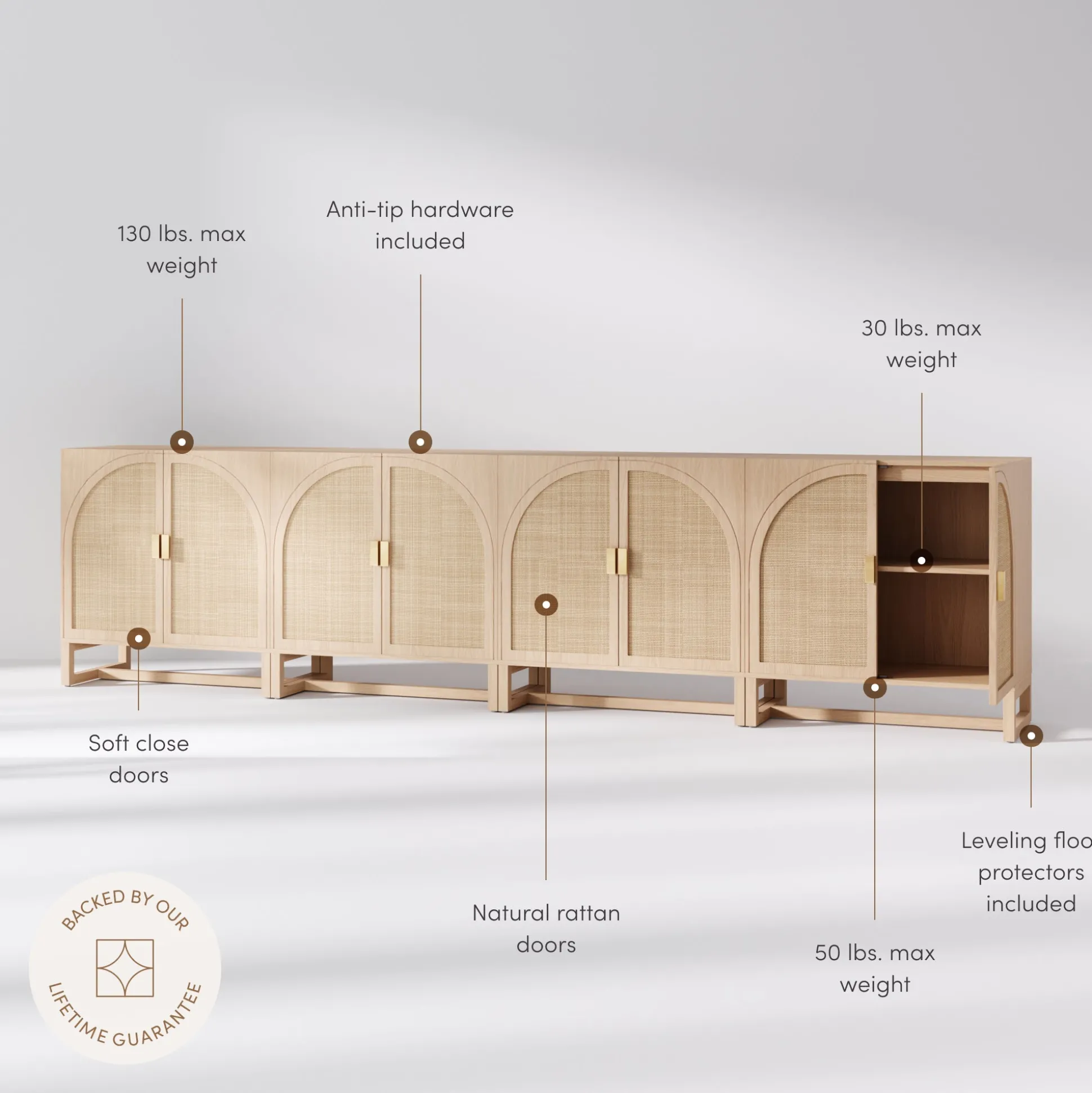Rattan Arched TV Console Stand for TVs up to 100" Raw Oak