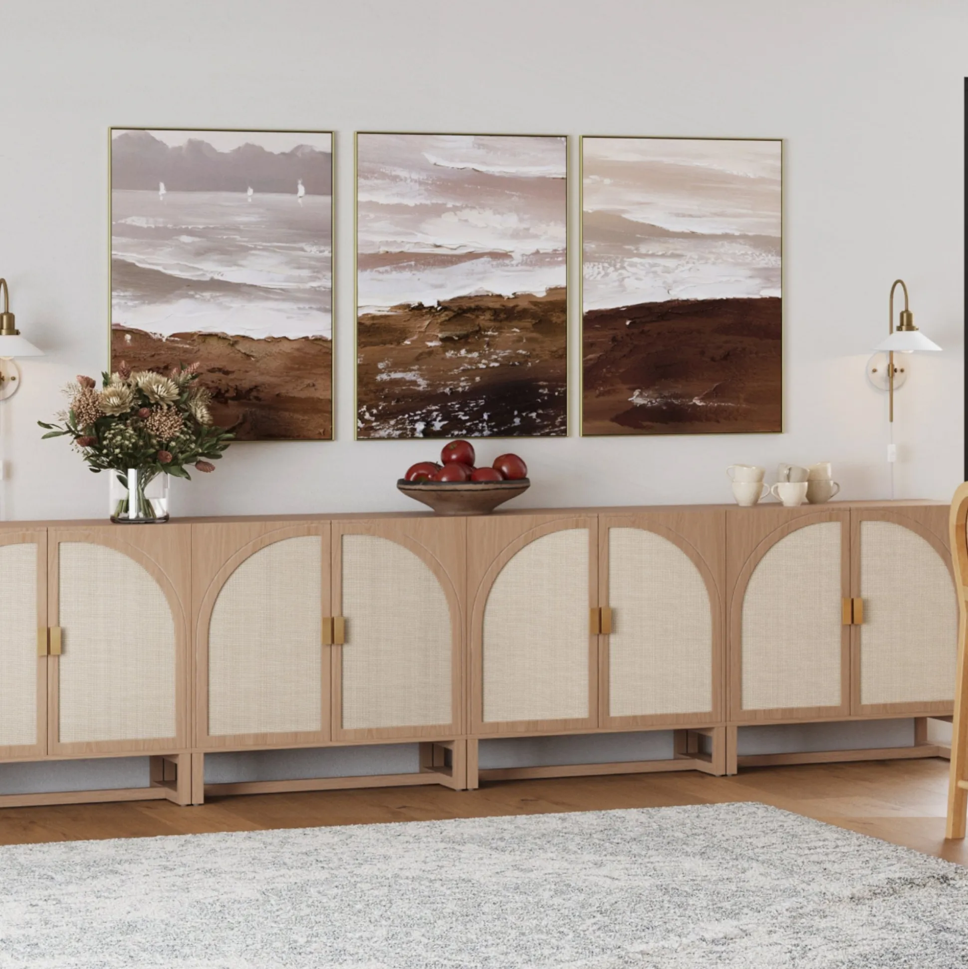 Rattan Arched TV Console Stand for TVs up to 100" Raw Oak