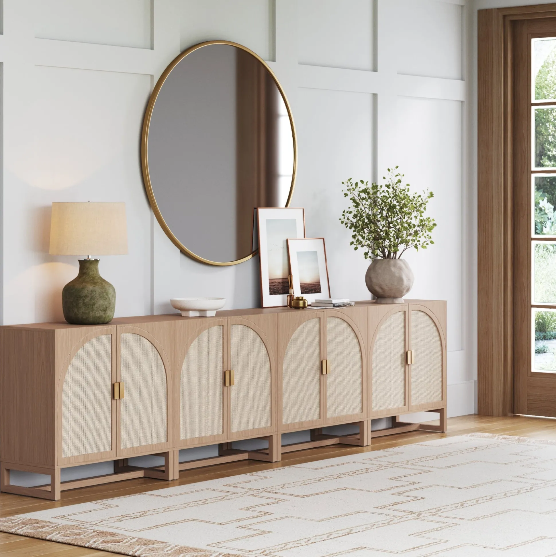 Rattan Arched TV Console Stand for TVs up to 100" Raw Oak