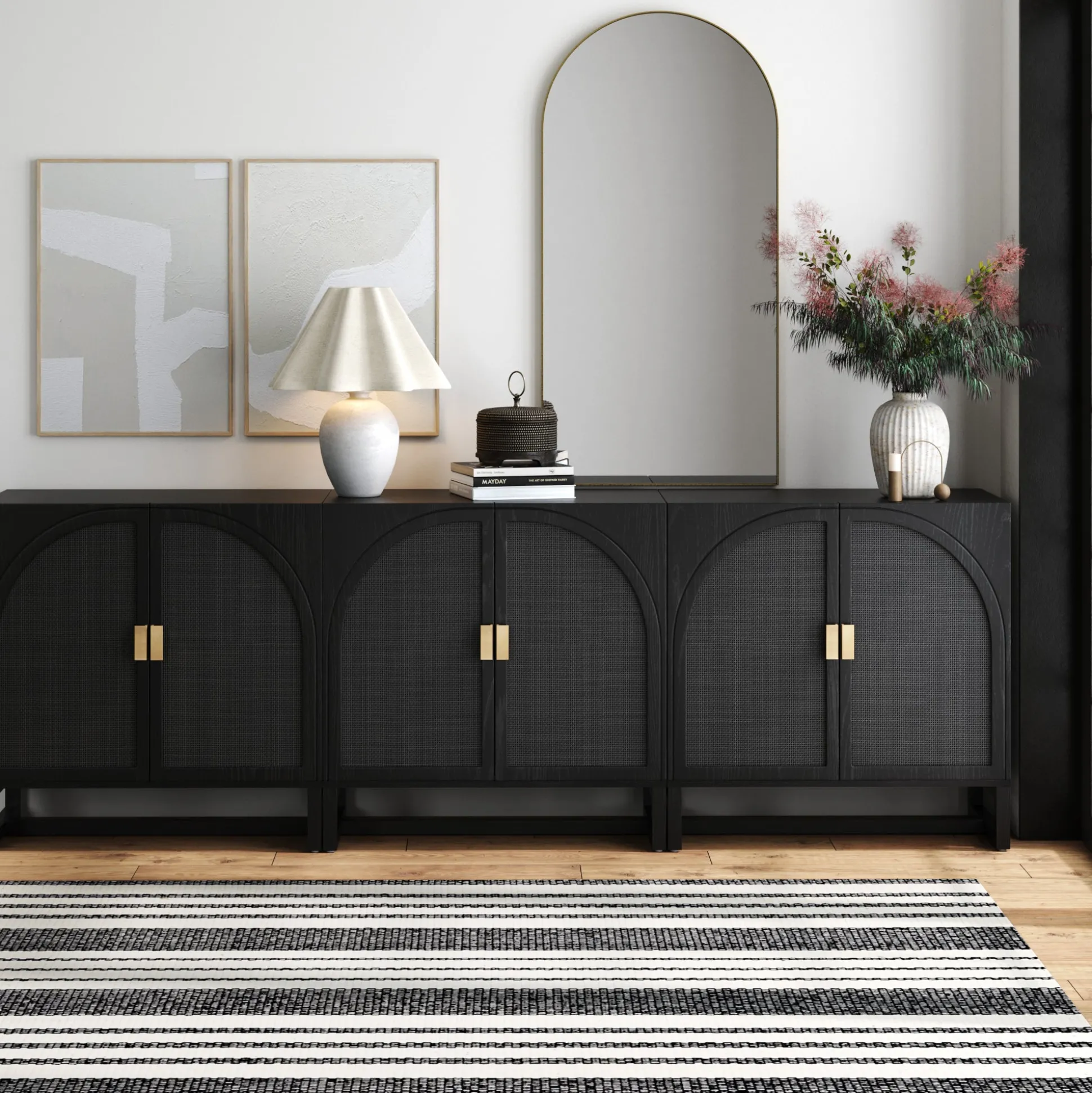 Rattan Arched TV Console Stand for TVs up to 75" Black Rattan
