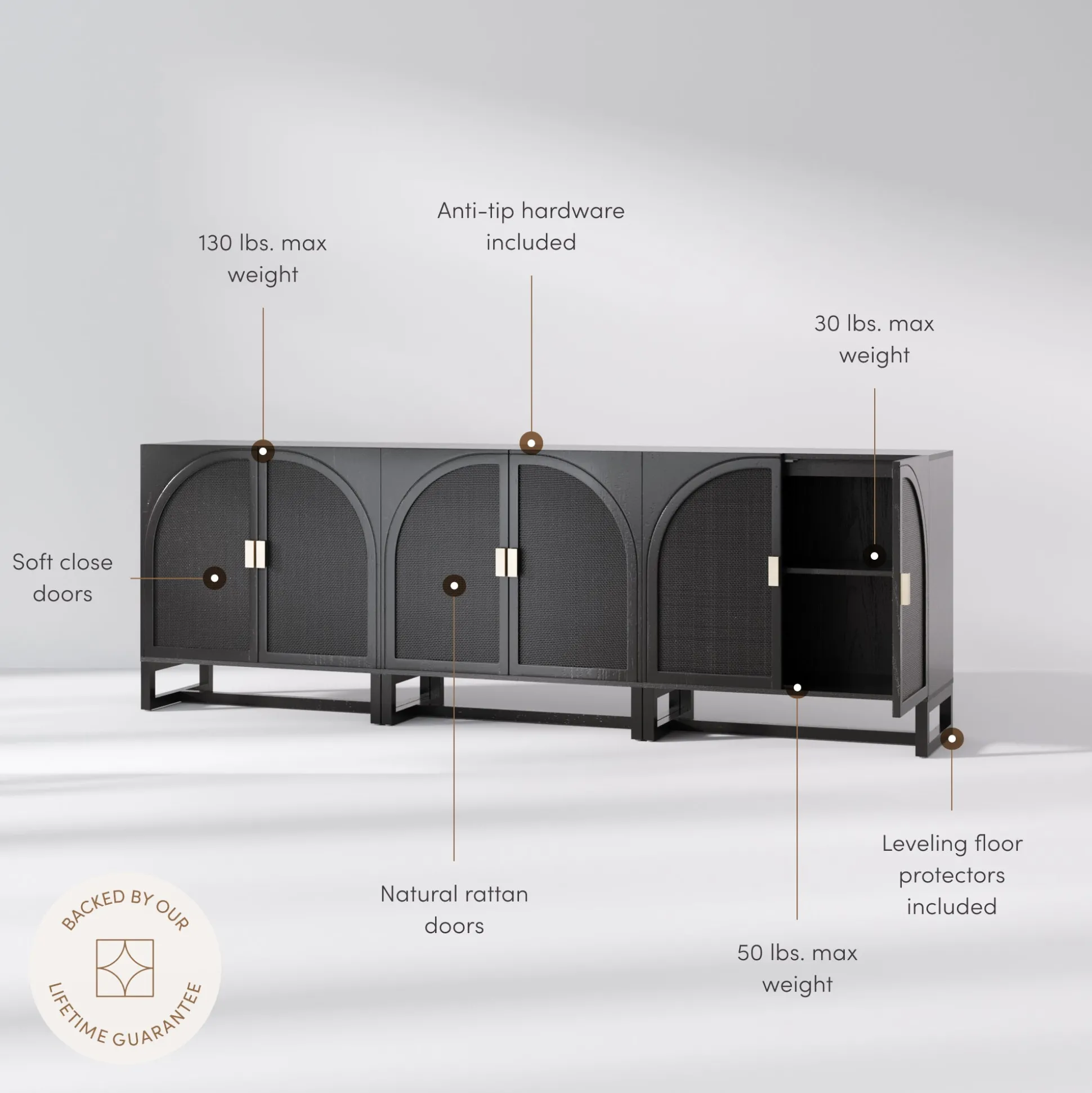 Rattan Arched TV Console Stand for TVs up to 75" Black Rattan
