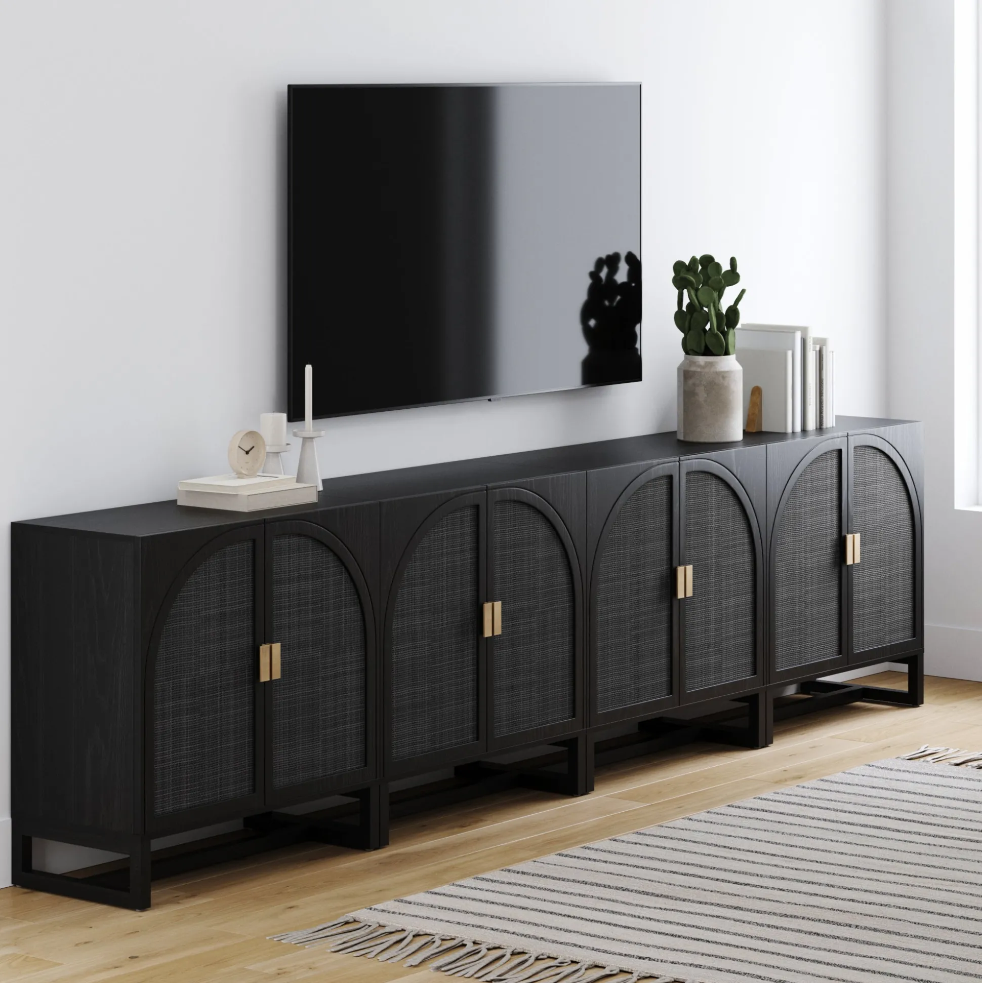 Rattan Arched TV Console Stand for TVs up to 100" Black Rattan