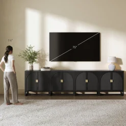 Rattan Arched TV Console Stand for TVs up to 100" Black Rattan