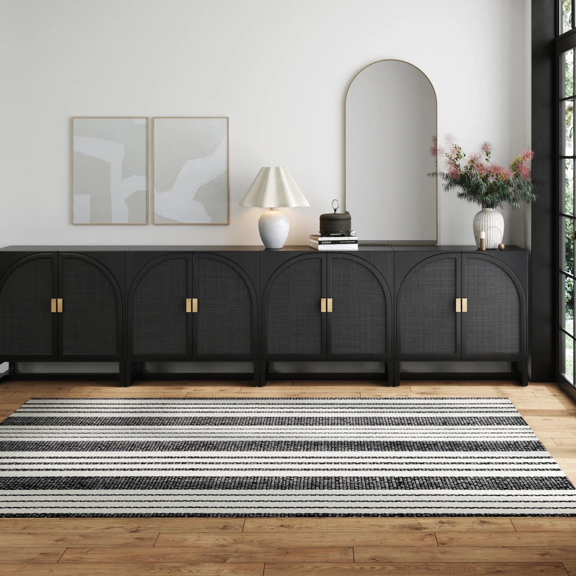 Rattan Arched TV Console Stand for TVs up to 100" Black Rattan