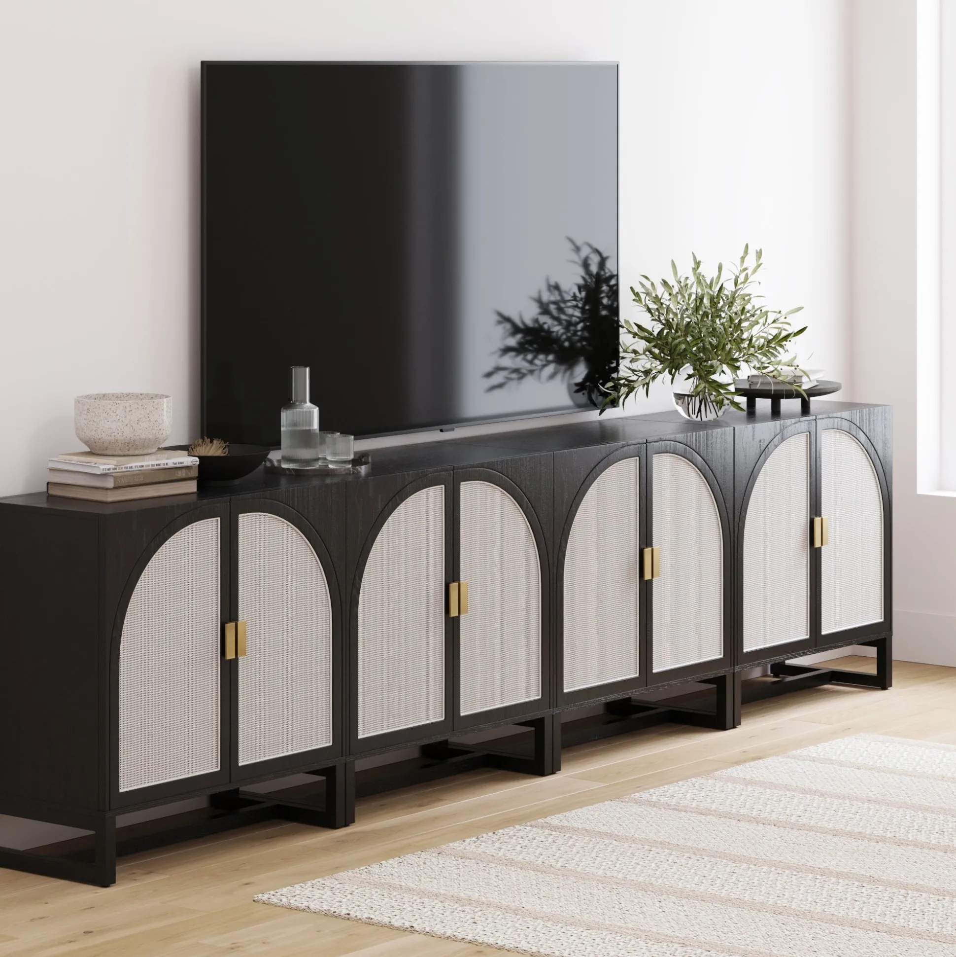 Rattan Arched TV Stand Media Console for TVs u to 100" Black