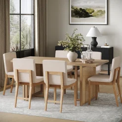 Rattan Boho Dining Set w/ Upholstered Dining Chairs (Set of 6)