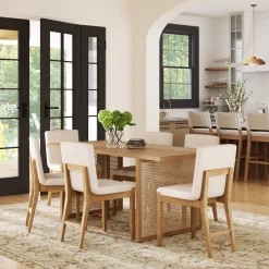 Rattan Boho Dining Set w/ Upholstered Dining Chairs (Set of 6)