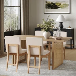 Rattan Boho Dining Set w/ Upholstered Dining Chairs (Set of 4)