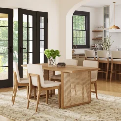 Rattan Boho Dining Set w/ Upholstered Dining Chairs (Set of 4)