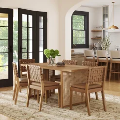 Rattan Boho Dining Table Set of 6 w/ Faux Leather Chairs