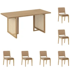 Rattan Boho Dining Table Set of 6 w/ Faux Leather Chairs
